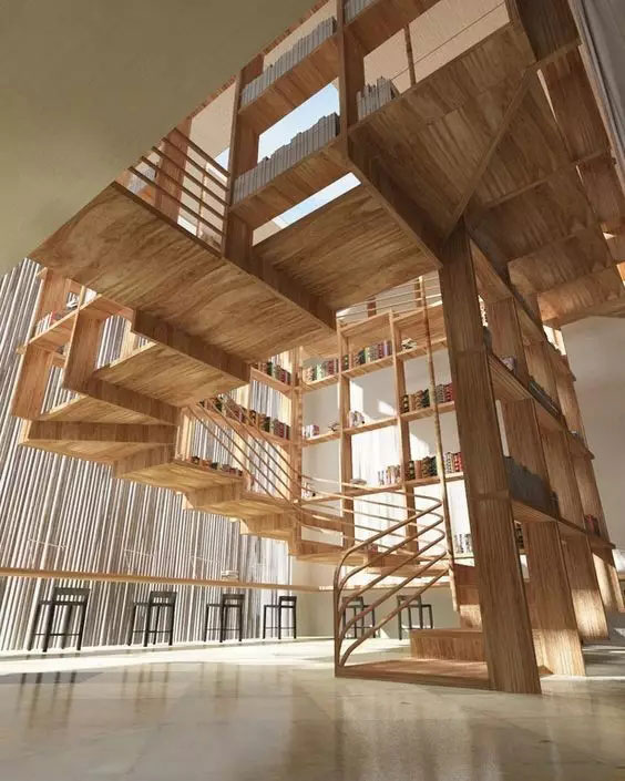 木结构民宿书架与楼梯